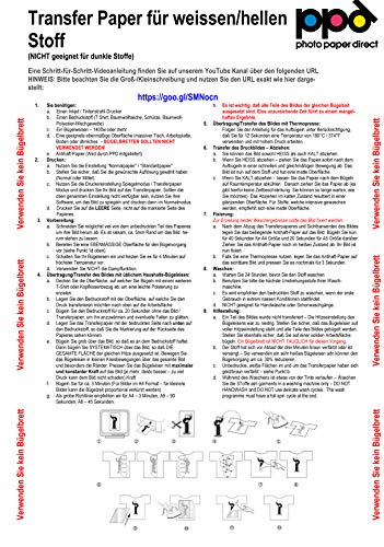 PPD A4 Papel De Transferencia Térmica Para Camisetas y Tejidos Blancos o Claros, 20 Hojas - PPD-1-20