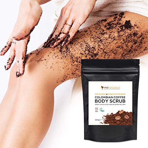 PraNaturals Exfoliante de Café Colombiano Puro con los Mejores Granos de Café Colombiano Mezclado con Aceites Esenciales Naturales para Reducir la Celulitis, Estrías y Desintoxicar la Piel, 200g