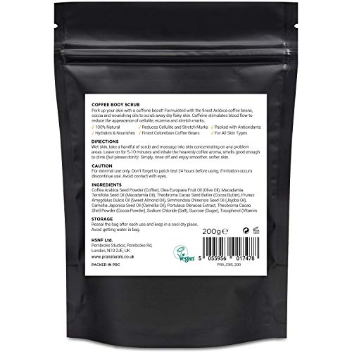 PraNaturals Exfoliante de Café Colombiano Puro con los Mejores Granos de Café Colombiano Mezclado con Aceites Esenciales Naturales para Reducir la Celulitis, Estrías y Desintoxicar la Piel, 200g