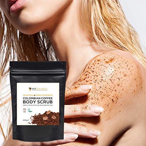 PraNaturals Exfoliante de Café Colombiano Puro con los Mejores Granos de Café Colombiano Mezclado con Aceites Esenciales Naturales para Reducir la Celulitis, Estrías y Desintoxicar la Piel, 200g