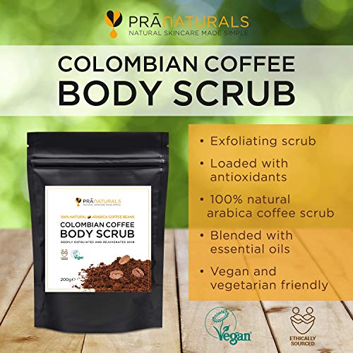 PraNaturals Exfoliante de Café Colombiano Puro con los Mejores Granos de Café Colombiano Mezclado con Aceites Esenciales Naturales para Reducir la Celulitis, Estrías y Desintoxicar la Piel, 200g