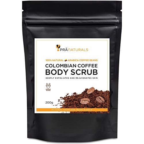 PraNaturals Exfoliante de Café Colombiano Puro con los Mejores Granos de Café Colombiano Mezclado con Aceites Esenciales Naturales para Reducir la Celulitis, Estrías y Desintoxicar la Piel, 200g