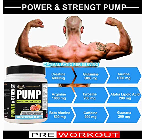 Pre Workout PUMP Suplemento de Energía Gr 1000 con: Creatina Glutamina Taurina Arginina Tirosina Ácido Alfa Lipoico Beta Alanina Cafeína GuaranáAumento de la Masa Muscular Bodybuilding