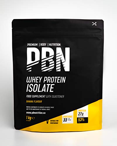 Premium Body Nutrition - Aislado de proteína de suero de leche en polvo (Whey-ISOLATE), 1 kg, sabor plátano (33 porciones)
