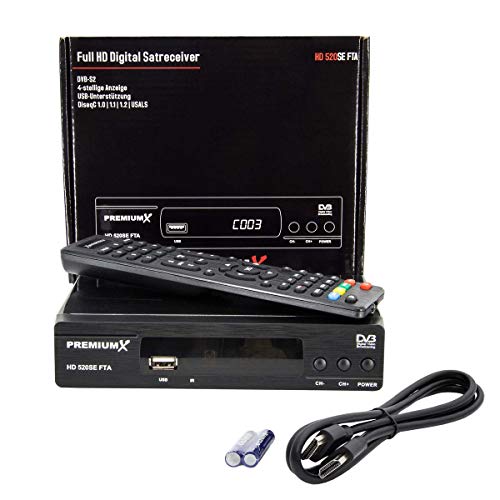 PremiumX Receptor de televisión digital HD 520SE FTA, DVB-S2, FullHD, HDTV, receptor de satélite, HDMI, SCART USB, reproductor multimedia Astra Hotbird preprogramado PremiumX Receptor de televisión digital HD 520SE FTA, DVB-S2, FullHD, HDTV, receptor de satélite, HDMI, SCART USB, reproductor multimedia Astra Hotbird preprogramado