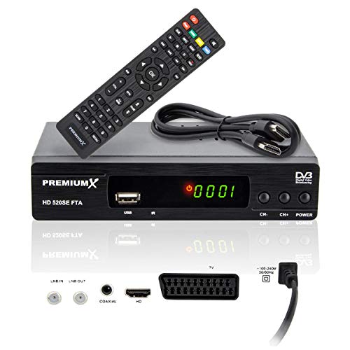 PremiumX Receptor de televisión digital HD 520SE FTA, DVB-S2, FullHD, HDTV, receptor de satélite, HDMI, SCART USB, reproductor multimedia Astra Hotbird preprogramado PremiumX Receptor de televisión digital HD 520SE FTA, DVB-S2, FullHD, HDTV, receptor de satélite, HDMI, SCART USB, reproductor multimedia Astra Hotbird preprogramado