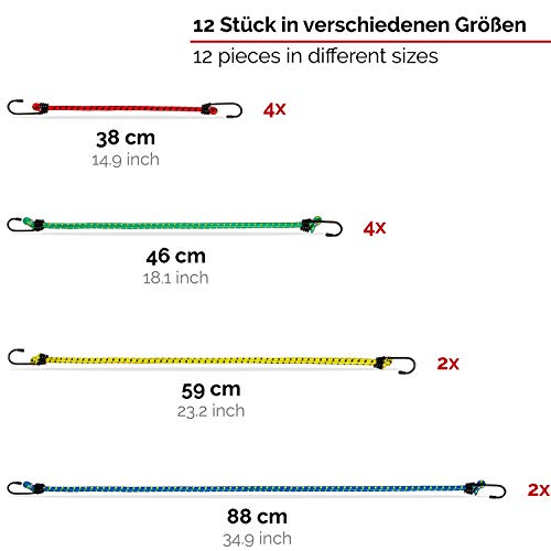 PRETEX Set de 12 Gomas elásticas con Gancho, Extremadamente Resistentes, Bandas de tensión, Cuerdas de sujeción, pulpos para baca