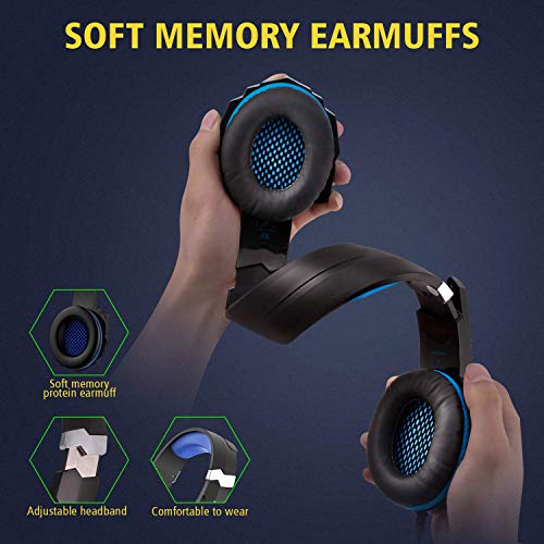 PREUP Auriculares Gaming Cascos PS4, Micrófono Control de Volumen LED Luz 3.5mm Jack, Reducción de ruido, PC/Xbox One/Nintendo Switch/Móvil/Tablet, Azul(Tiene un adaptador）