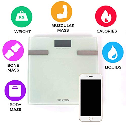 PRIXTON - Bascula de baño digital con APP para Móvil / Bluetooth / Pantalla LCD / 6 en 1: peso, masa corporal, líquidos, masa muscular, masa ósea y calorías - Válido para iOS y Android | BC200