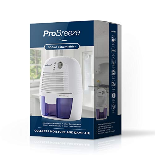 Pro Breeze Mini Deshumidificador de Aire Compacto, Silencioso y Portátil, 500 ml, para Moldes y Humedad. Ideal para Casa, Cocina, Dormitorio, Caravana, Oficina, Garaje y Baño