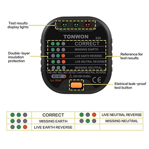 Probador de Enchufes, TONWON GFCI Testeador del Cableado Eléctrico, Toma de Corriente Avanzada, Circuito Eléctrico Automático Polaridad Prueba de Fugas Eléctrica Buscador de Interruptor de Enchufe Probador de Enchufes, TONWON GFCI Testeador del Cableado Eléctrico, Toma de Corriente Avanzada, Circuito Eléctrico Automático Polaridad Prueba de Fugas Eléctrica Buscador de Interruptor de Enchufe