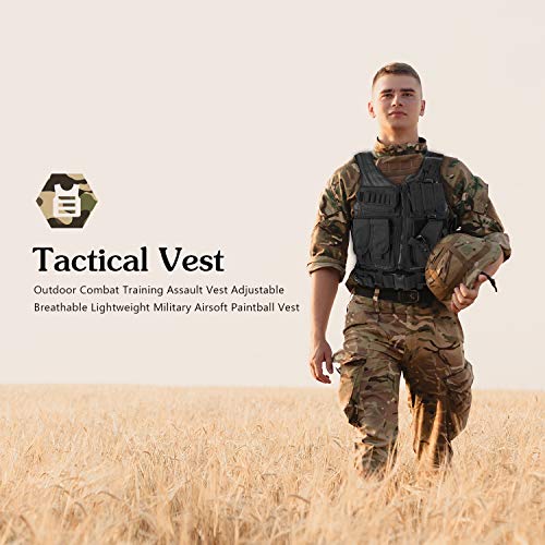 ProCase Chaleco Táctico Hombre, Ropa Militar Adulto Multibolsillos para Caza Airsoft Paintball, Chaleco de Asalto Entrenamiento Ajustable Transpirable Ligero para Deportes al Aire Libre -Negro