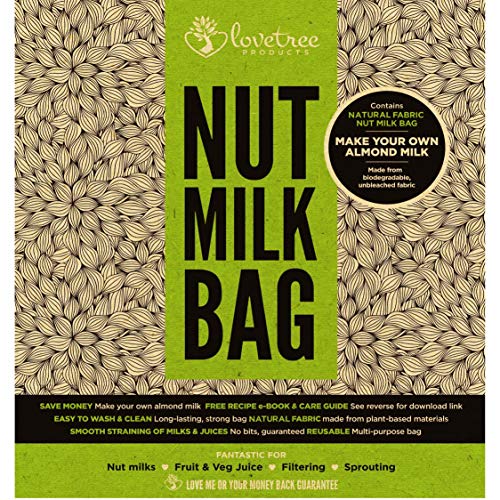 Productos Love Tree Algodón orgánico. Bolsa para leche de nueces - El mejor colador orgánico de leche de almendras con calidad premium que incluye un E book de recetas gratuito - Bolsa de malla de algodón, grande, alimentos de calidad, reusable y fuerte d