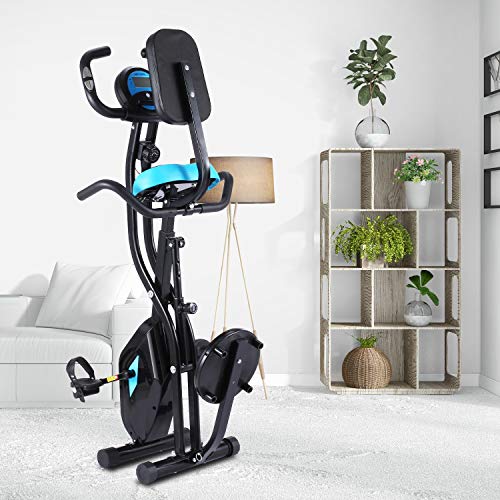 Profun Bicicleta de Fitness Plegable con Disco de Deporte para los riñones, Bicicleta de Ejercicio en el Interior, 10 Niveles de Resistencia magnética y Asiento Amplio y cómodo