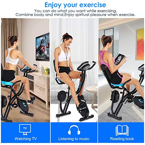 Profun Bicicleta de Fitness Plegable con Disco de Deporte para los riñones, Bicicleta de Ejercicio en el Interior, 10 Niveles de Resistencia magnética y Asiento Amplio y cómodo