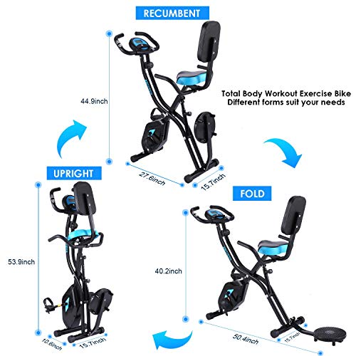 Profun Bicicleta de Fitness Plegable con Disco de Deporte para los riñones, Bicicleta de Ejercicio en el Interior, 10 Niveles de Resistencia magnética y Asiento Amplio y cómodo