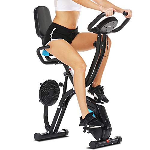 Profun Bicicleta de Fitness Plegable con Disco de Deporte para los riñones, Bicicleta de Ejercicio en el Interior, 10 Niveles de Resistencia magnética y Asiento Amplio y cómodo