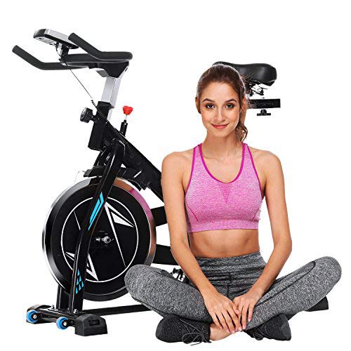 Profun Bicicleta Estática de Spinning Profesional, Ajustable Resistencia, Pantalla LCD, Bicicleta Fitness de Gimnasio Ejercicio con Volante de Inercia, Sillín Ajustable, Máx.130kg (Negro con App)