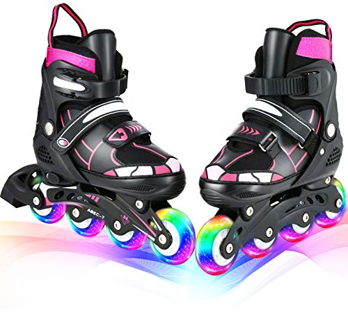 Profun Patines en Línea Tamaño Ajustable Ilumina LED Ruedas para Niño y Niña, Rodamiento de ABEC-7, Flash Ruedas, Patines de 4 Ruedas para Infantiles, Adolescentes, Adultos(Rosa, Medio-(35-38-EU))