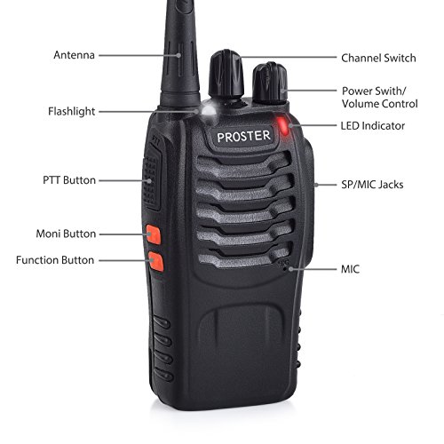Proster Walkie Talkie Recargables, Walky Talky Profesionales 16 Canales, CTCSS DCS, con Auricular Incorporado Antorcha de LED y Cargador USB, 2 Pares Proster Walkie Talkie Recargables, Walky Talky Profesionales 16 Canales, CTCSS DCS, con Auricular Incorporado Antorcha de LED y Cargador USB, 2 Pares