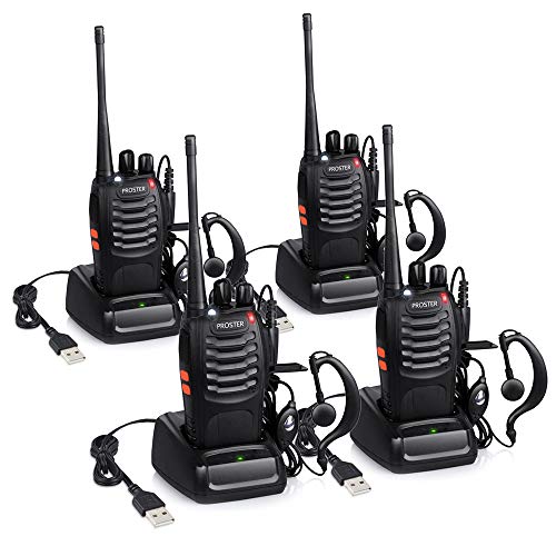 Proster Walkie Talkie Recargables, Walky Talky Profesionales 16 Canales, CTCSS DCS, con Auricular Incorporado Antorcha de LED y Cargador USB, 2 Pares