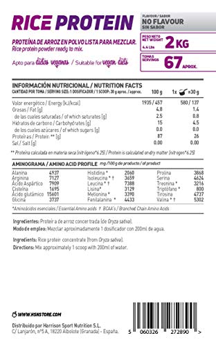 Proteína de Arroz de HSN | Proteína Vegana Concentrada de Arroz Integral | Rice Protein Powder | Recuperación + Masa Muscular | Sin Azúcar, Sin Lactosa, Sabor Natural, 2 Kg