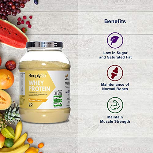 Proteína de Suero de Leche Sabor Plátano - ¡30 Raciones! - Apto para vegetarianos - 900gr - SimplySupplements Proteína de Suero de Leche Sabor Plátano - ¡30 Raciones! - Apto para vegetarianos - 900gr - SimplySupplements
