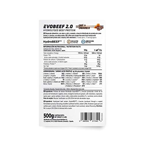 Proteína Hidrolizada de Carne de HSN Evobeef 2.0 | Hydro Beef Protein | Con Leucina Extra | 100% Proteína de Carne de Ternera | Sin Lactosa, Sin Gluten | Sabor Café y Caramelo, 500g