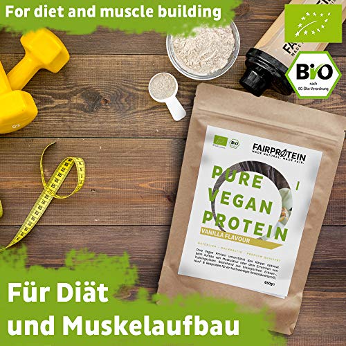 Proteína Vegana BIO Vainilla sin soja de Alemania - Polvo de Proteína Orgánica 650g de Arroz, Proteína de Cáñamo y Proteína de Guisante"Como batido de proteína orgánica"