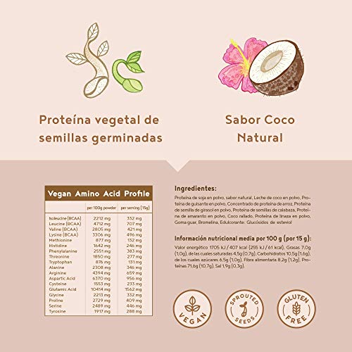 Proteina Vegana | COCO | Proteína vegetal de soja, arroz, guisantes, semillas de lino, amaranto, semillas de girasol y semillas de calabaza germinadas | 600 g en polvo con sabor a Coco natural