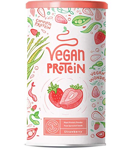 Proteina Vegana | FRESA | Proteína vegetal de arroz, guisantes, semillas de lino, amaranto, semillas de girasol y semillas de calabaza germinadas | 600 g en polvo con sabor a Fresa