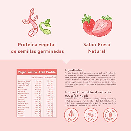 Proteina Vegana | FRESA | Proteína vegetal de arroz, guisantes, semillas de lino, amaranto, semillas de girasol y semillas de calabaza germinadas | 600 g en polvo con sabor a Fresa