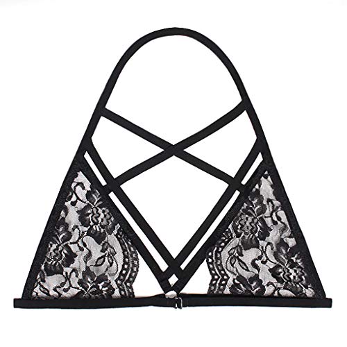 Proumy Lencería Negra Transparente Sujetador Erótico Sostenes de Tiras Cruzadas Ropa Interior con Encaje Floral Camiseta Estampado Blusa Hueco Top Elástico