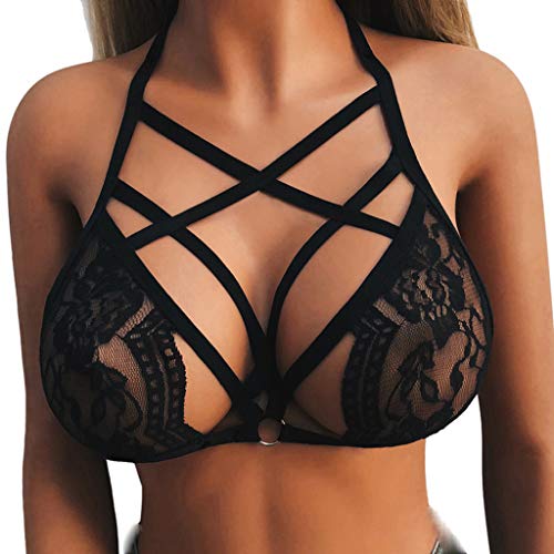 Proumy Lencería Negra Transparente Sujetador Erótico Sostenes de Tiras Cruzadas Ropa Interior con Encaje Floral Camiseta Estampado Blusa Hueco Top Elástico