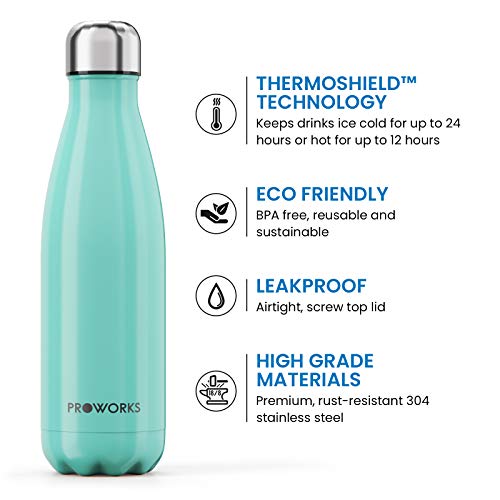 Proworks Botellas de Agua Deportiva de Acero Inoxidable | Cantimplora Termo con Doble Aislamiento para 12 Horas de Bebida Caliente y 24 Horas de Bebida Fría - Libre de BPA - 1L - Verde