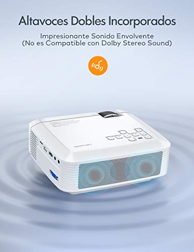 Proyector, APEMAN Mini Proyector Portátil en Casa, Soporte HD 1080P, 5000 Lúmenes, Pantalla Grande, Altavoces Duales, 50000 Horas Vida, Compatible con TV Stick, PS4 (Cable HDMI , RCA Incluido)