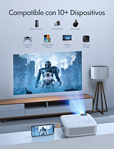 Proyector, APEMAN Mini Proyector Portátil en Casa, Soporte HD 1080P, 5000 Lúmenes, Pantalla Grande, Altavoces Duales, 50000 Horas Vida, Compatible con TV Stick, PS4 (Cable HDMI , RCA Incluido)