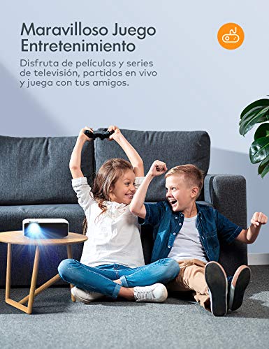 Proyector, APEMAN Mini Proyector Portátil en Casa, Soporte HD 1080P, 5000 Lúmenes, Pantalla Grande, Altavoces Duales, 50000 Horas Vida, Compatible con TV Stick, PS4 (Cable HDMI , RCA Incluido)