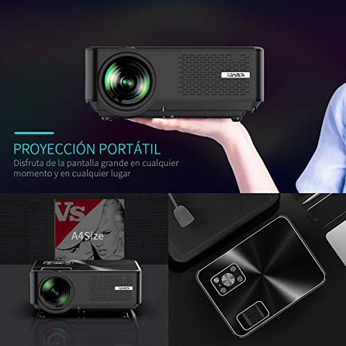 Proyector, YABER Mini Portátil Proyector Cine en Casa 5500 Lúmenes Resolución Nativa 1280*720p, Vídeo Proyector con HiFi Altavoces Incorporados, Cubierta de Metal, Soporte HDMI/USB/VGA/AV