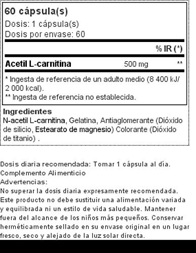 Prozis 100% Acetyl L-Carnitine Capsules 500mg: Suplemento de aminoácidos de alta calidad para perder peso y potenciar la capacidad mental y la energía. ¡60 cápsulas!