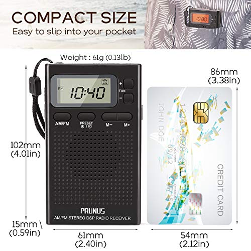 PRUNUS J-125 Radio Portatil Pequeña Digital con Auriculares,Radio Bolsillo AM/FM con Preajuste/Temporizador/Reloj Despertador,Funciona con 2 Pilas AAA,Estación de Bloqueo,para Trotar,Caminar,Viajar