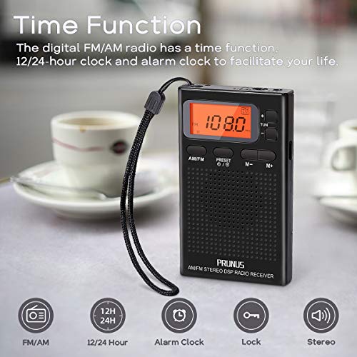 PRUNUS J-125 Radio Portatil Pequeña Digital con Auriculares,Radio Bolsillo AM/FM con Preajuste/Temporizador/Reloj Despertador,Funciona con 2 Pilas AAA,Estación de Bloqueo,para Trotar,Caminar,Viajar