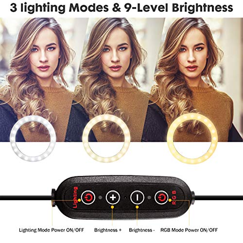 PTN Anillo Luz para Selfies con Soporte para Trípode y Soporte para Teléfono, Luz Círculo Arcoíris RGB 10"con 25 Modos RGB, Luz Anillo Cámara Regulable LED con 2 Controles Remotos 9 Niveles Brillo