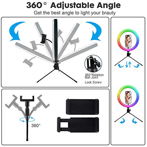 PTN Anillo Luz para Selfies con Soporte para Trípode y Soporte para Teléfono, Luz Círculo Arcoíris RGB 10"con 25 Modos RGB, Luz Anillo Cámara Regulable LED con 2 Controles Remotos 9 Niveles Brillo