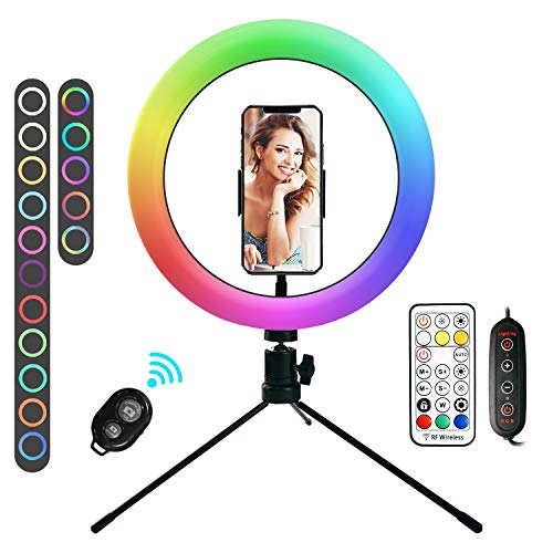 PTN Anillo Luz para Selfies con Soporte para Trípode y Soporte para Teléfono, Luz Círculo Arcoíris RGB 10"con 25 Modos RGB, Luz Anillo Cámara Regulable LED con 2 Controles Remotos 9 Niveles Brillo