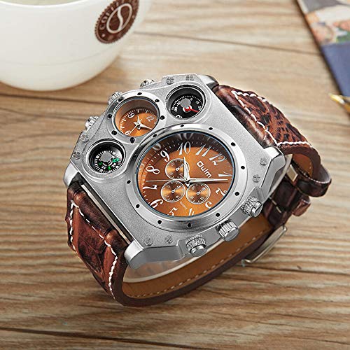 PU Ocasional con Estilo del Reloj De Los Hombres De Doble Zona Horaria Números Romanos Único Dial Grande del Movimiento De Cuarzo Correa De Cuero Reloj, C