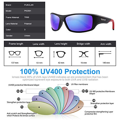 PUKCLAR Gafas de sol para hombre, polarizadas, deportivas, para ciclismo, para mujer, protección UV400, Cat 3 CE C3 negro / azul, efecto espejo, Cat 3. L