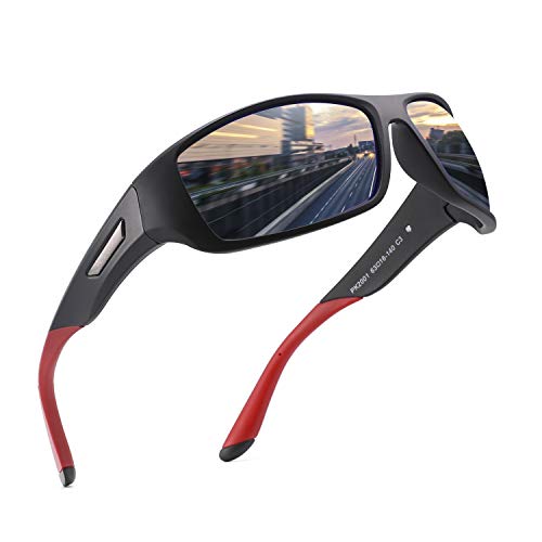 PUKCLAR Gafas de sol para hombre, polarizadas, deportivas, para ciclismo, para mujer, protección UV400, Cat 3 CE C3 negro / azul, efecto espejo, Cat 3. L