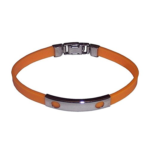 Pulsera acero inoxidable 20cm. caucho naranja chapa motivos círculos