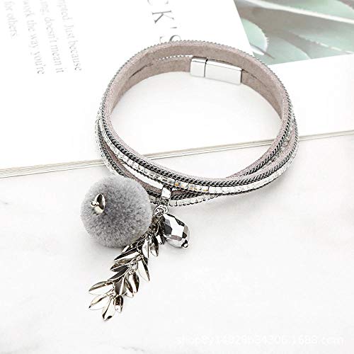 Pulsera De Cuero Para Mujer,Multi-Capa Retro Pulsera De Cuero Gris Estudiante Imán Moda Original Hebilla Cuero Cabello Crystal Ball Pulsera Anillo Doble Collar De Señoras Prendas Personalizadas Acce